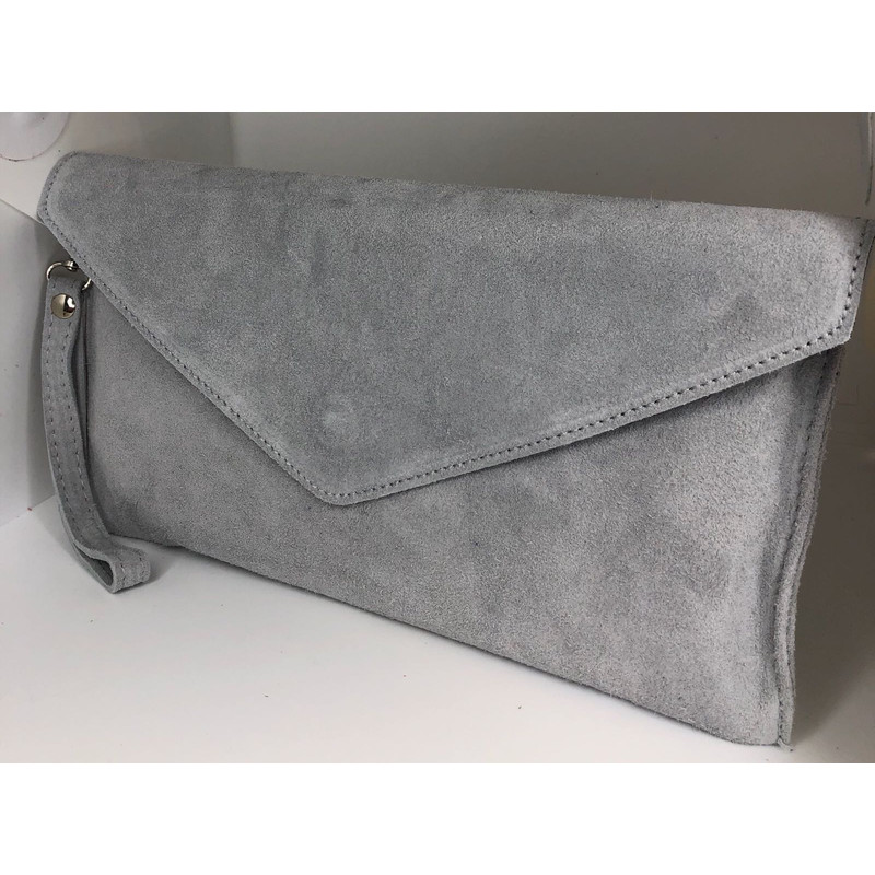 silver grey suede clutch bag