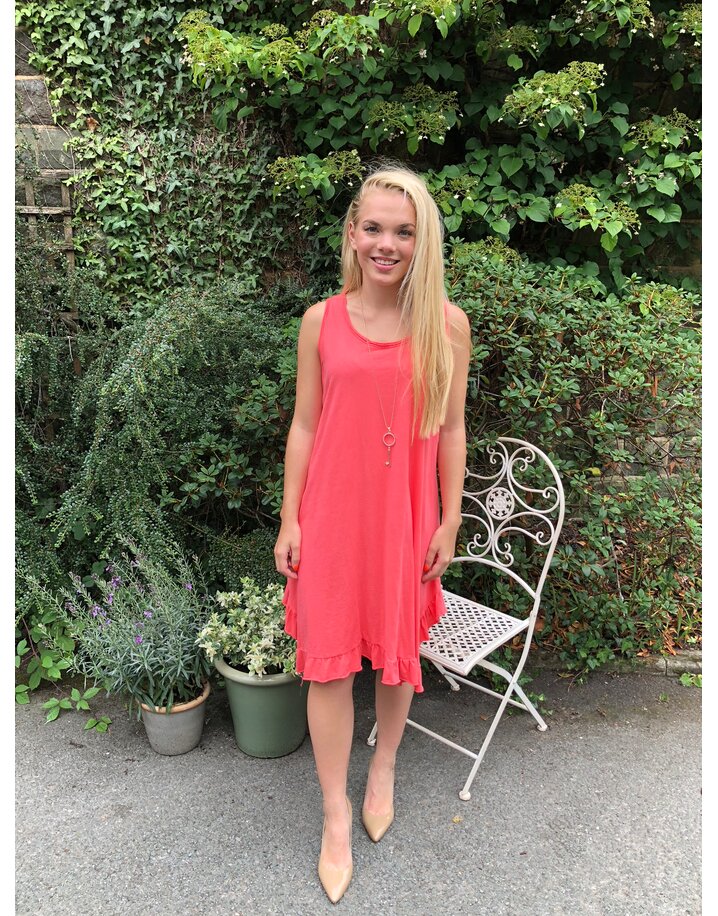 Lucy Cobb Tess Frill Hem T Shirt Dress - Coral