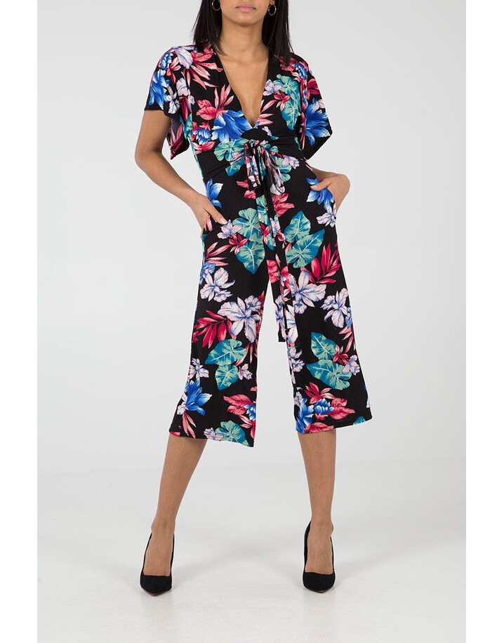 Lucy Cobb Kimono Sleeve Culotte Jumpsuit - Black Floral