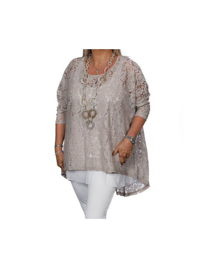 Malissa J Lace Long Line Top  - Taupe