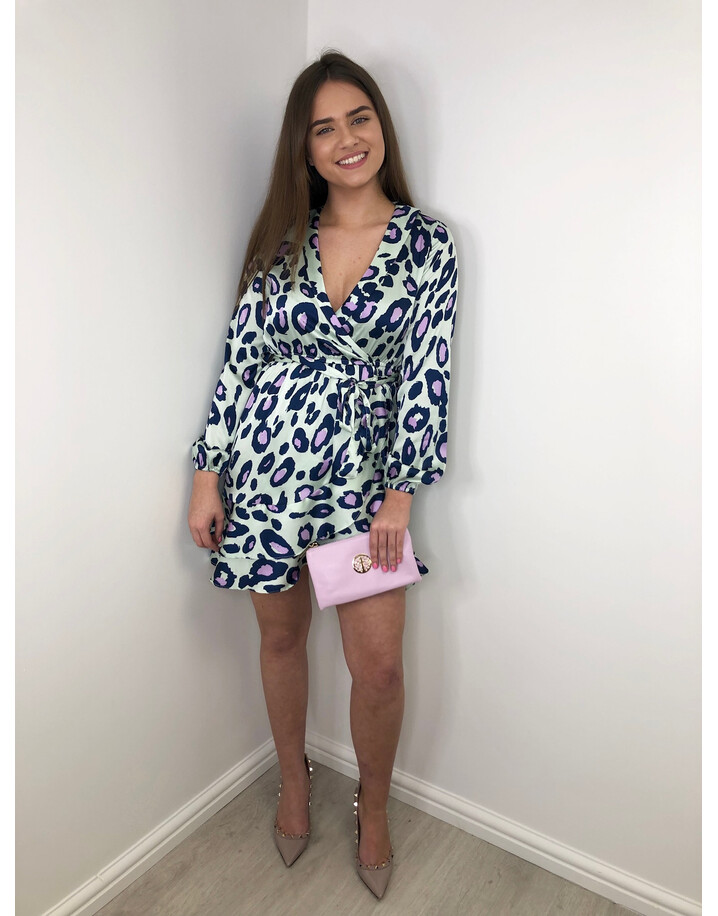 Lucy Cobb Satin Print Ruffle Wrap Dress - Mint