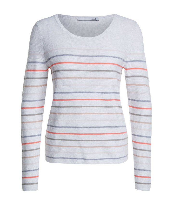 Oui Fine Knit Striped Jumper - Stone