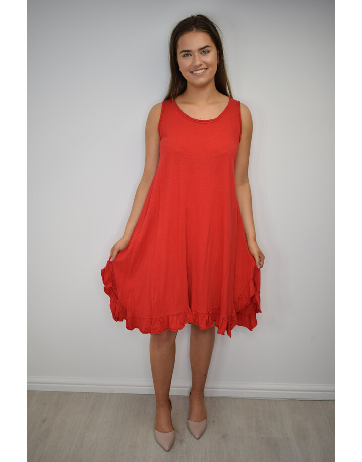 Lucy Cobb Tess Frill Hem T Shirt Dress - Red
