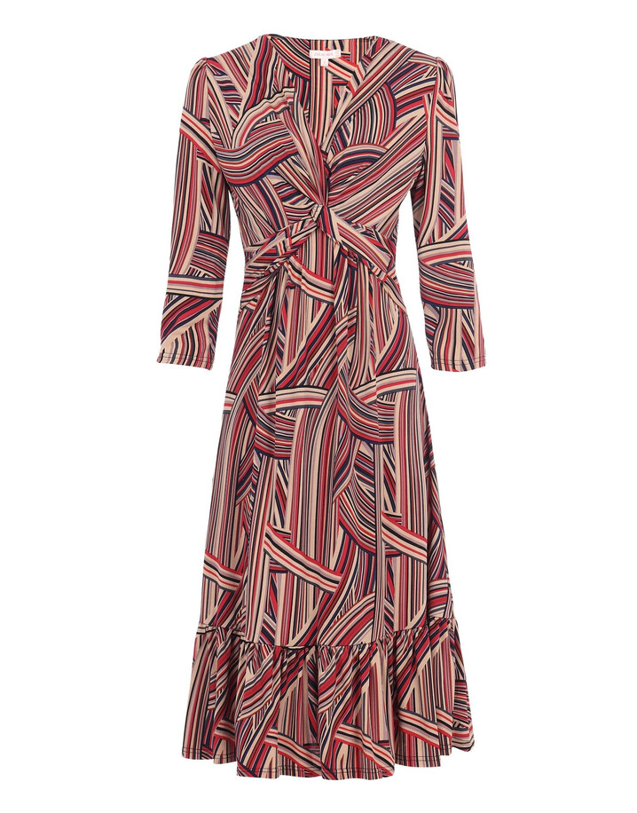 Jolie Moi Twist Front Midi Ruffle Dress - Taupe Stripe