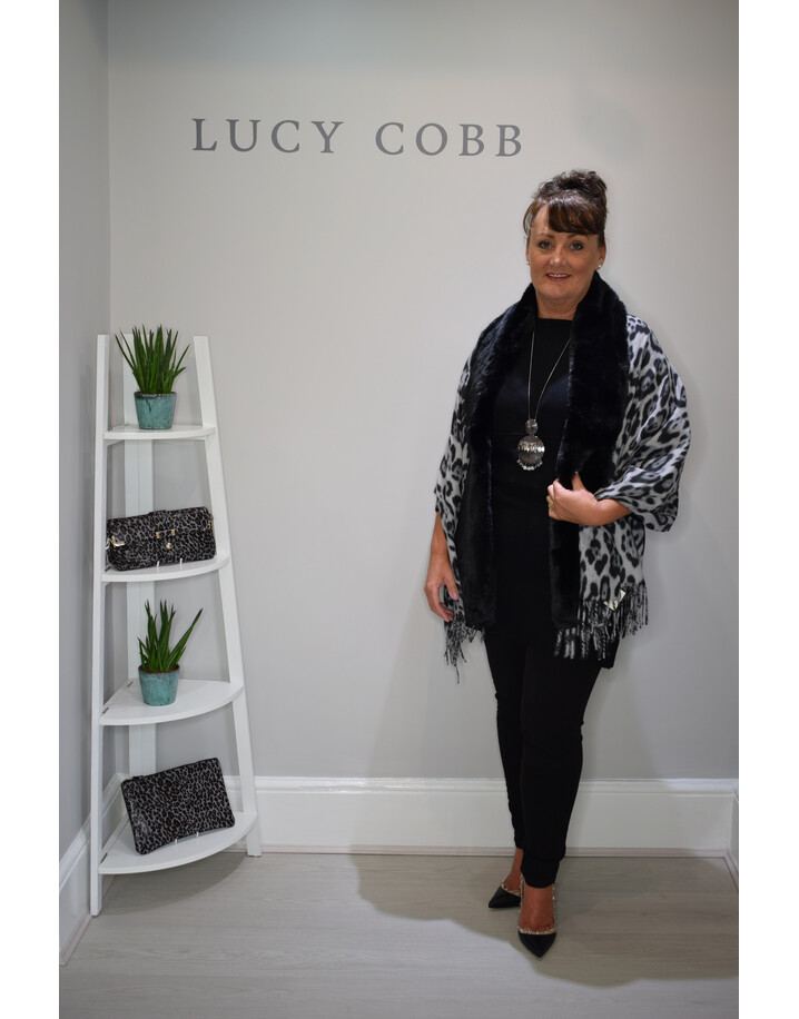Malissa J Animal Print Faux Fur Shawl - Grey Animal Print