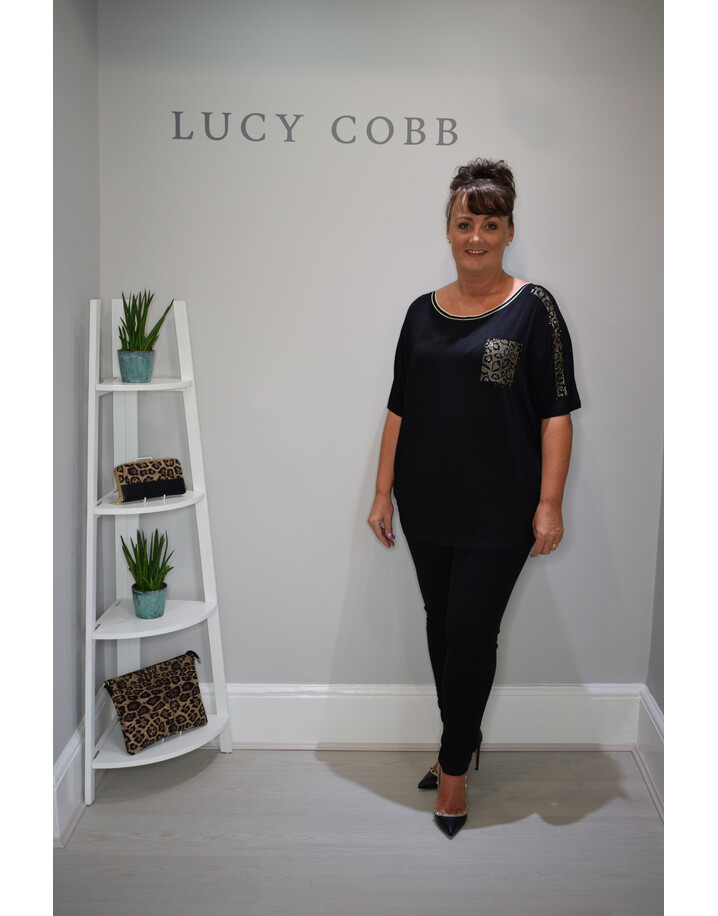 Malissa J Diamante Animal Print Pocket Top - Black