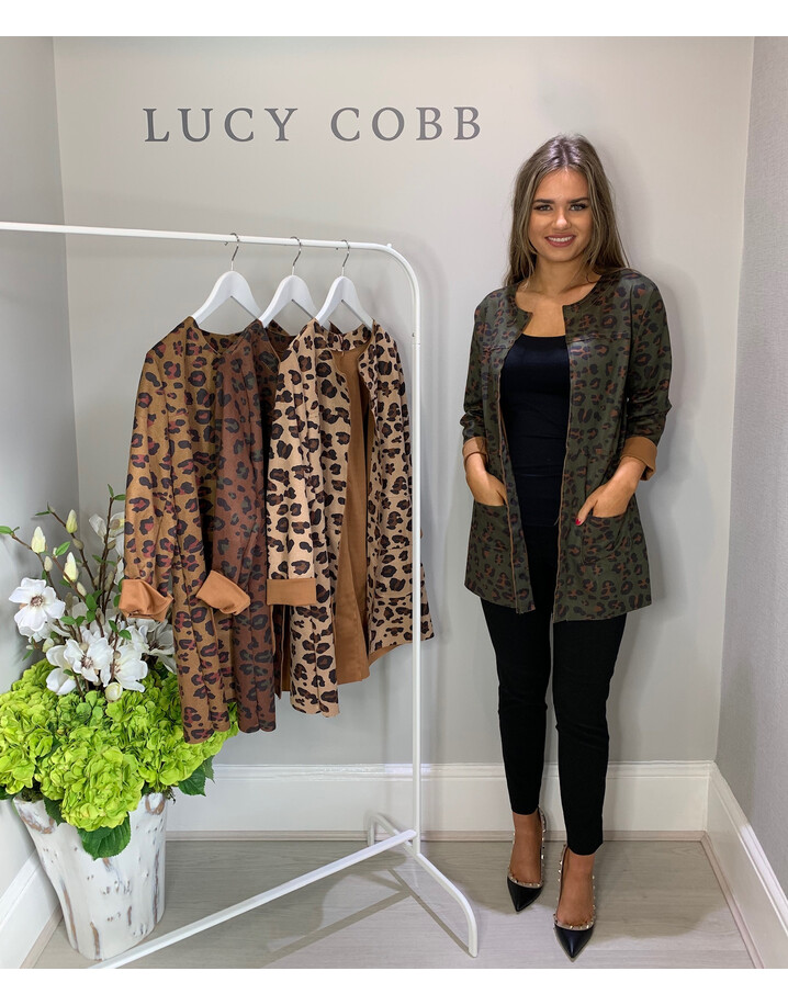 Lucy Cobb Faux Suede Leopard Jacket - Khaki
