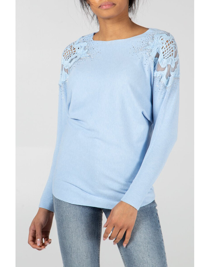 Lucy Cobb Diamante Crochet Shoulder Jumper - Pale Blue 