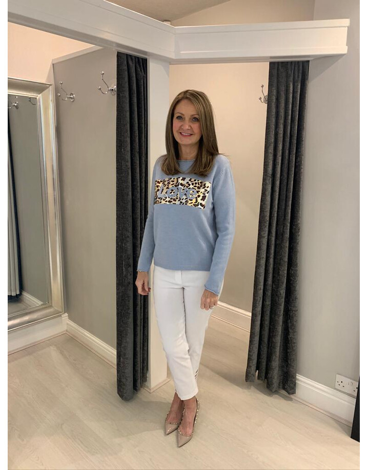 Lucy Cobb Love Leopard Printed Jumper  - Light Denim Blue