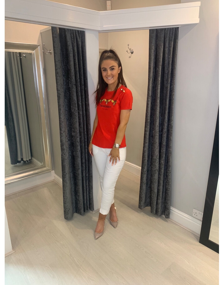 Lucy Cobb Bee Button Shoulder Tee - Red