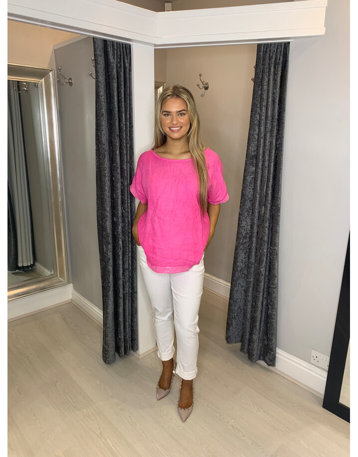 Lucy Cobb Sara Sequin Edge Linen Top - Fuchsia