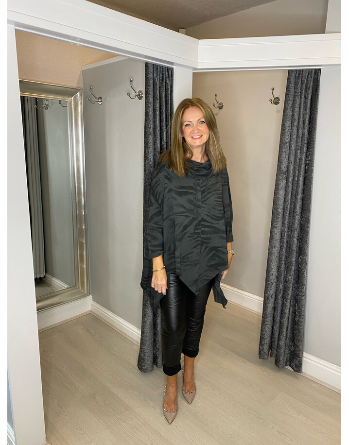 Lucy Cobb Zebra Print Cowl Neck Sweatshirt - Charcoal
