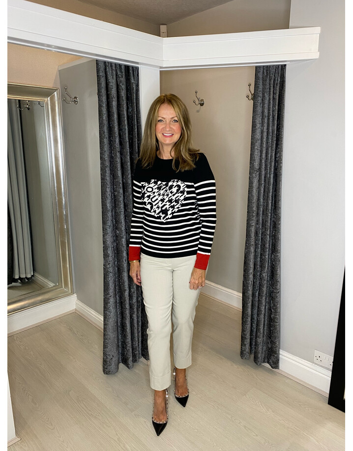 Oui Pinstripe Heart Jumper - Black & White