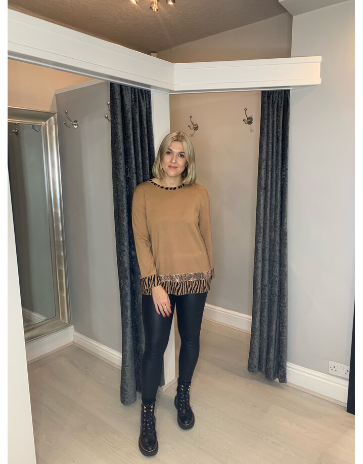Lucy Cobb Sequin Zebra Edge Jumper - Camel
