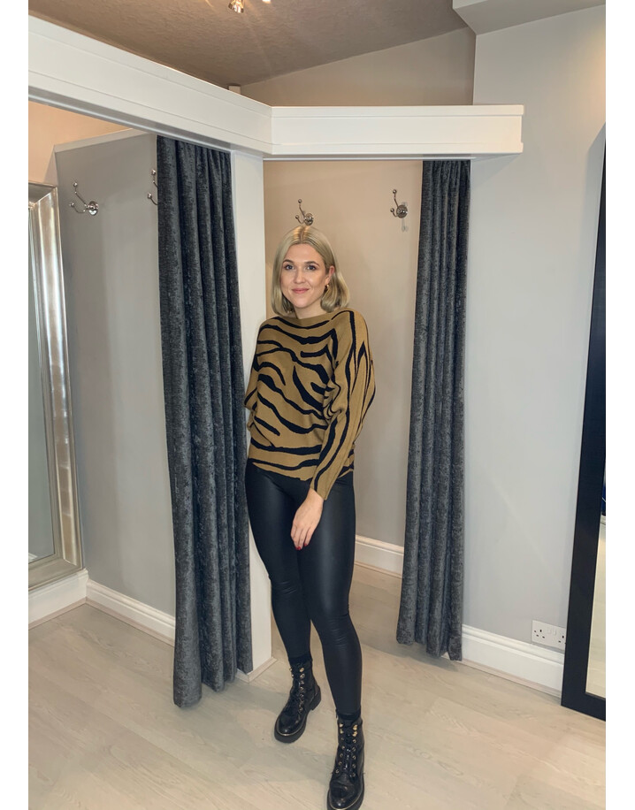Lucy Cobb Amber Animal Print Batwing Jumper - Camel Zebra