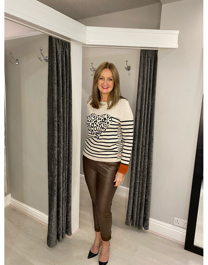 Oui Pinstripe Heart Jumper - Camel