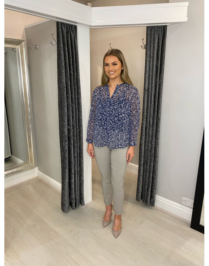 French Connection Areita Crinkle Long Sleeve Blouse - Navy Mix