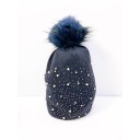 Pearl Diamante Bobble Hat - Navy