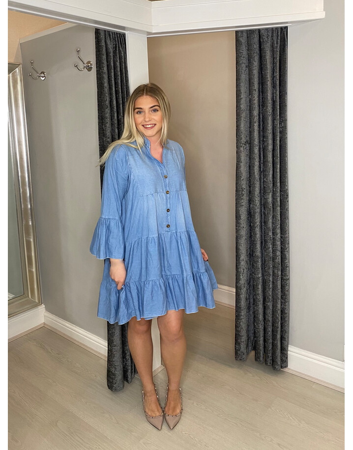 Lucy Cobb Dakota Denim Tiered Smock Dress  - Light Denim Blue