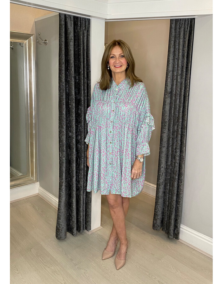 Lucy Cobb Reagan Ruffle Leopard Shirt Dress - Green