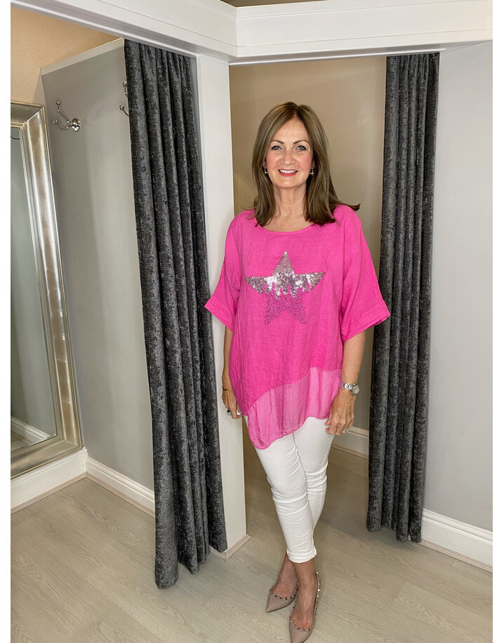 Lucy Cobb Serenity Sequin Star Linen Top - Fuchsia