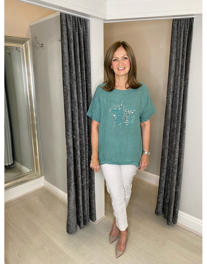Lucy Cobb Liana Linen Star Top - Green