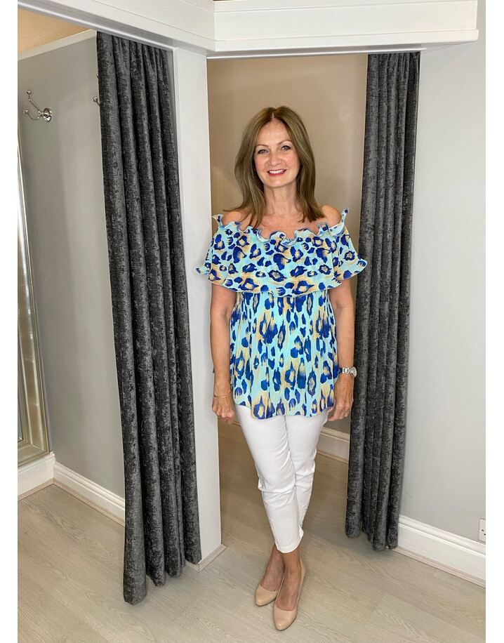 Lucy Cobb Bonnie Bardot Leopard Print Top - Blue Mix