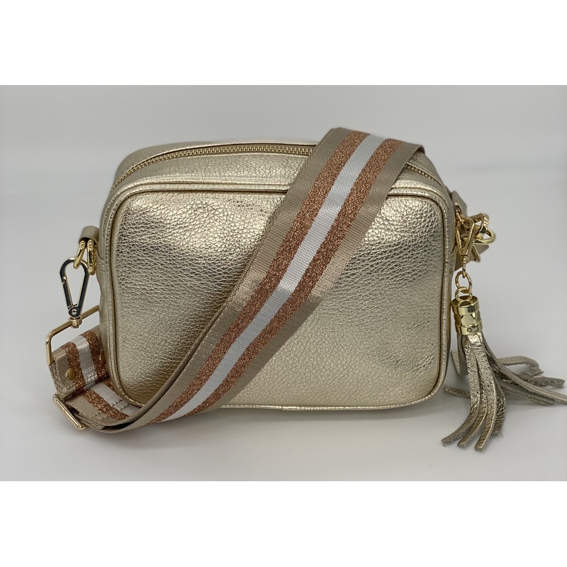 Elie Beaumont Leather Crossbody Bag in Gold with Champagne Stripes
