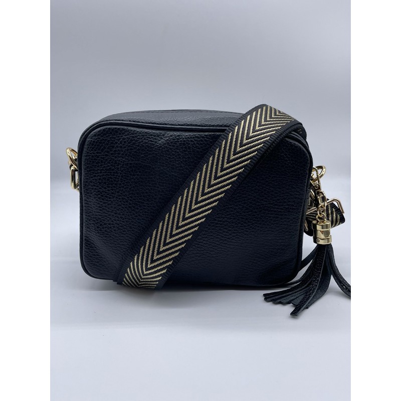 Elie Beaumont Leather Crossbody Bag in Black With Gold Chevron