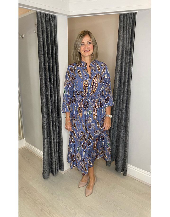 Lucy Cobb Portia Paisley Midi Dress - Denim Blue