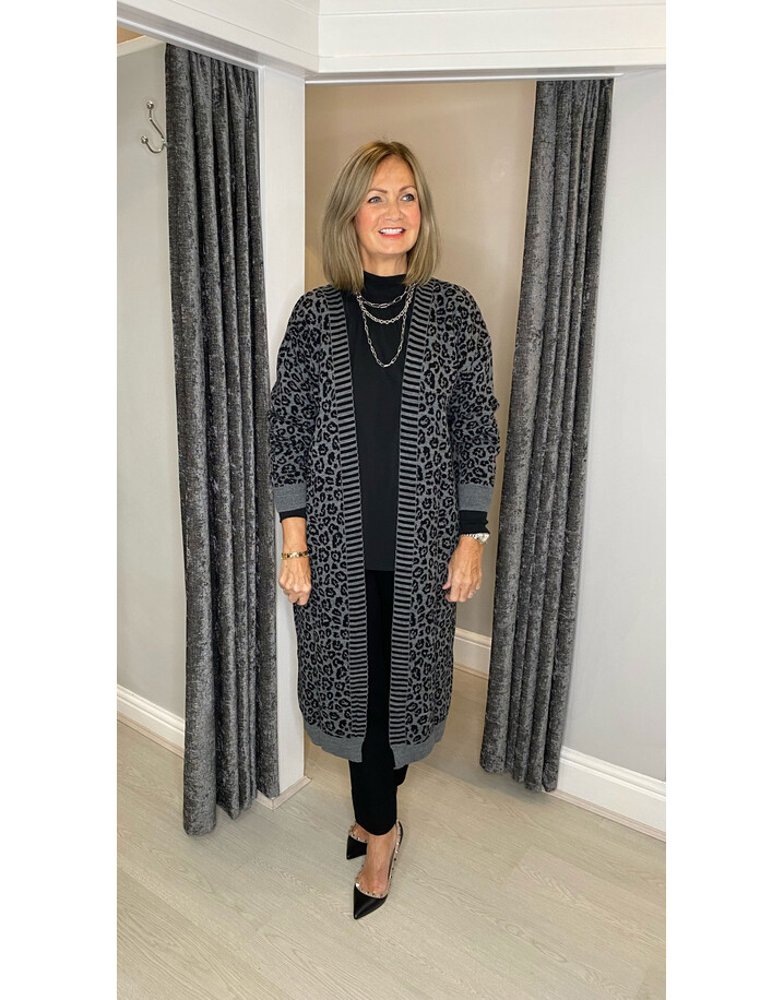 Lucy Cobb Lettie Leopard Print Long Cardigan - Charcoal