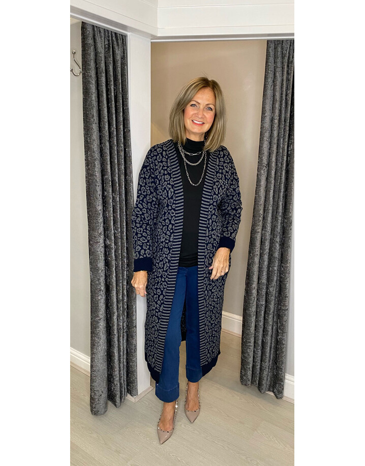 Lucy Cobb Lettie Leopard Print Long Cardigan - Navy