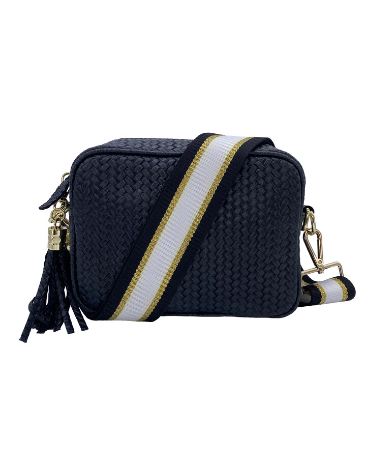 Elie Beaumont Leather Weave Crossbody Bag - Black with Black Gold Stripe 