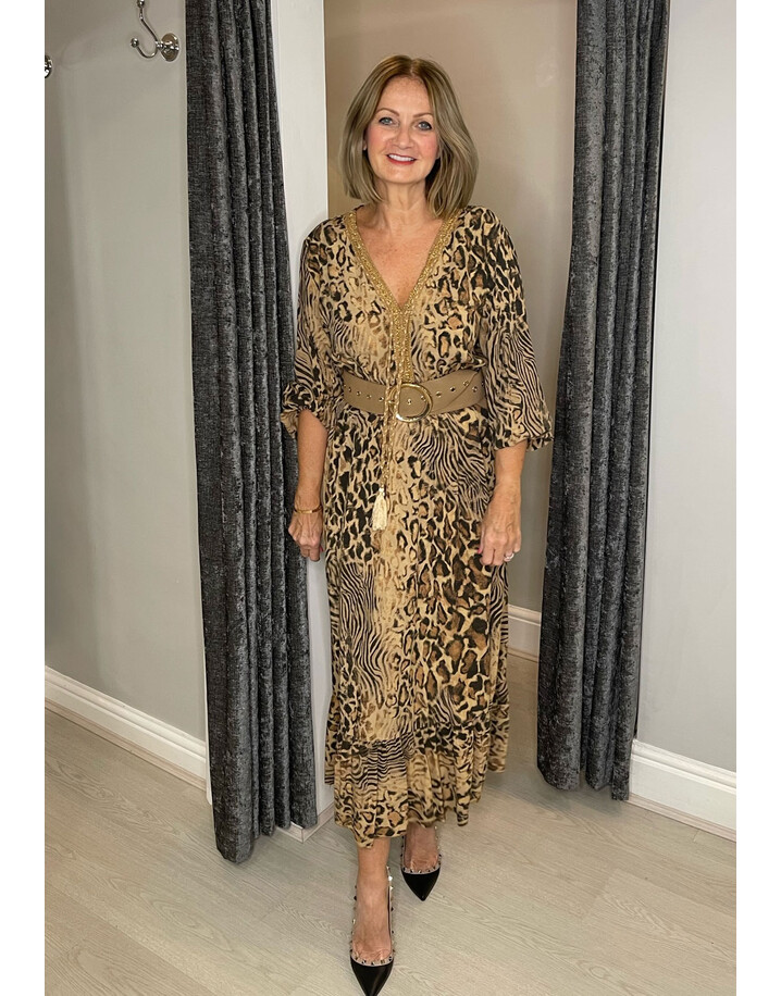 Lucy Cobb Maya Long Sleeve Dress - Brown Animal Print