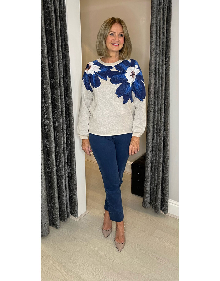 Oui Blue Flower Jumper - Stone