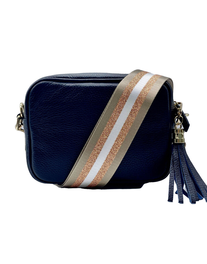 Elie Beaumont Leather Crossbody Bag - Navy With Champagne Stripes 