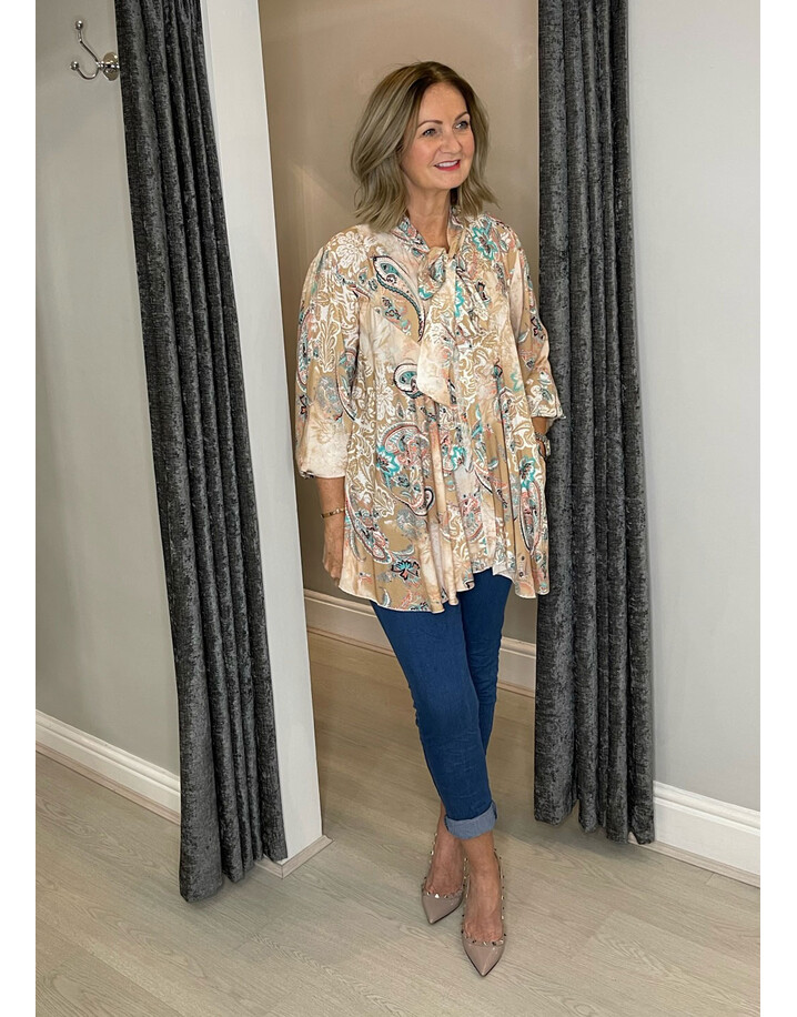 Lucy Cobb Paisley Pussy Bow Blouse - Beige
