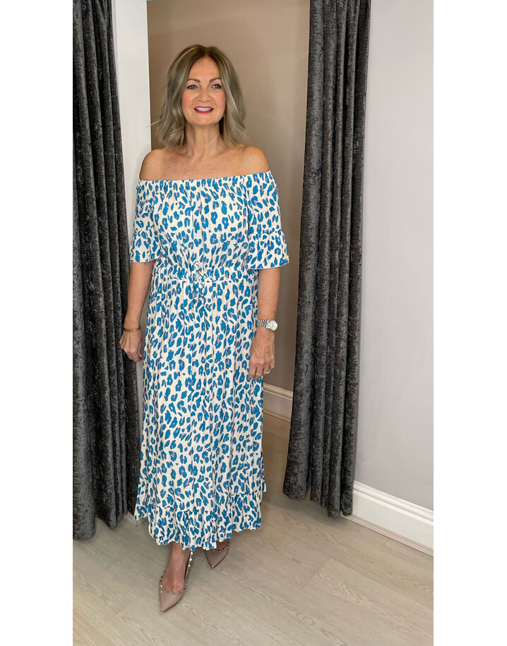 Lucy Cobb Madelyn Leopard Bardot Maxi Dress - Azure Blue