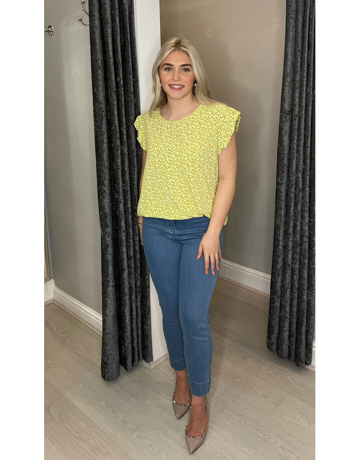 Lucy Cobb Leaf Print Frill Sleeve Top - Chartreuse
