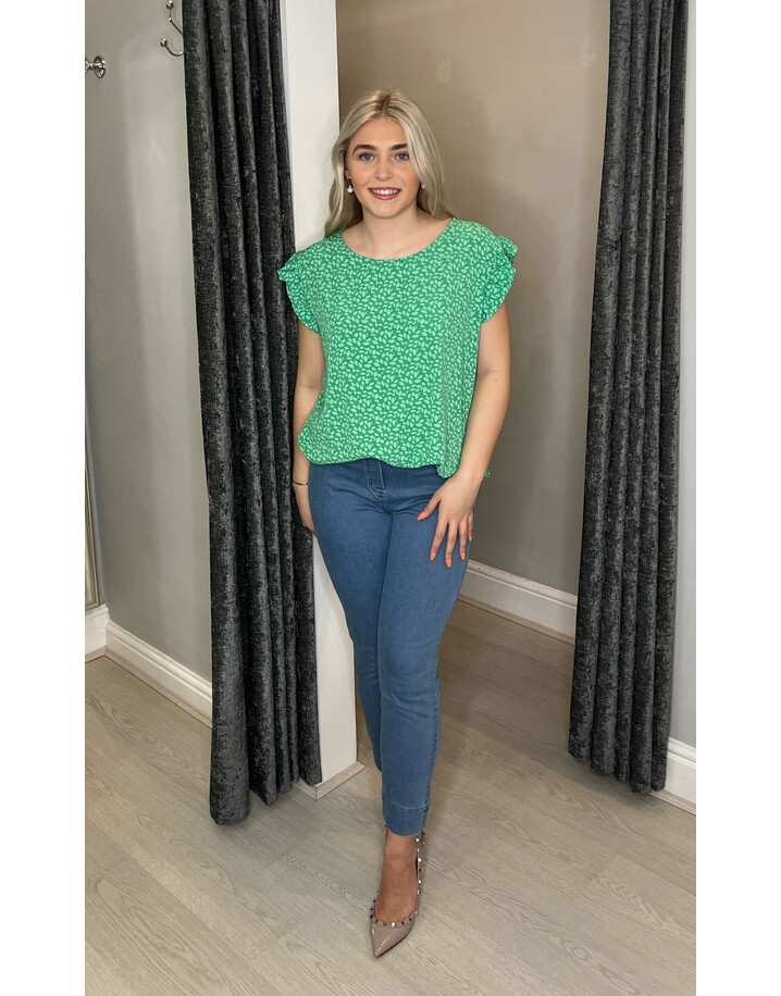 Lucy Cobb Leaf Print Frill Sleeve Top - Emerald