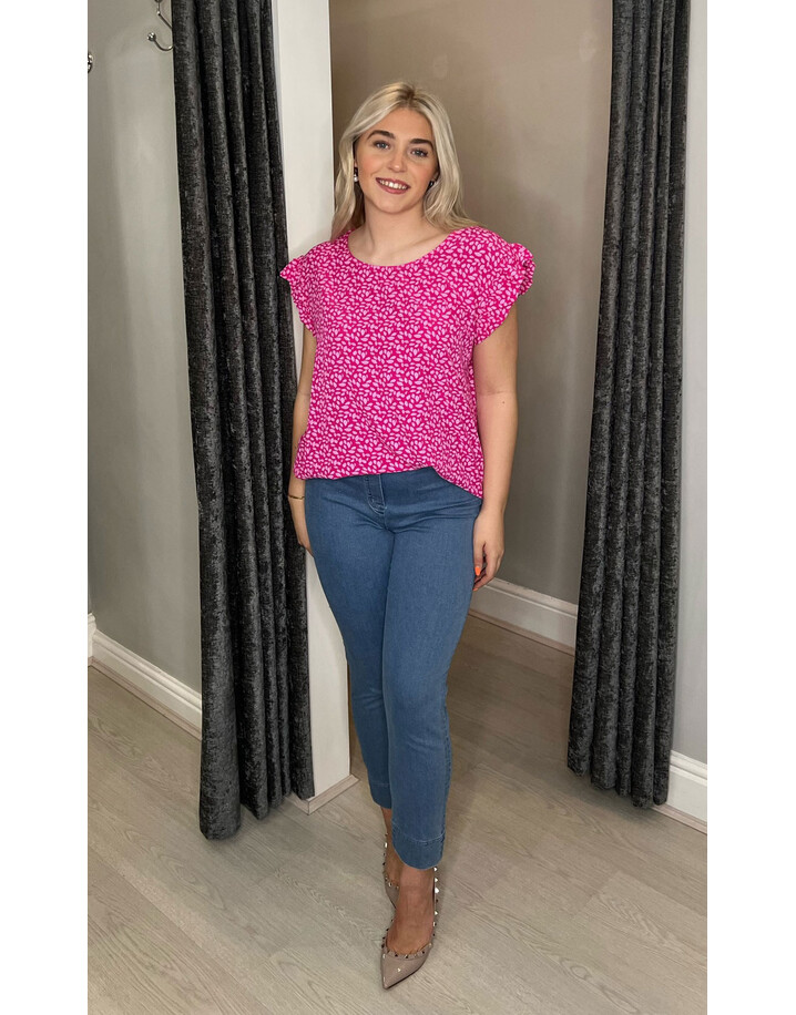 Lucy Cobb Leaf Print Frill Sleeve Top - Fuchsia