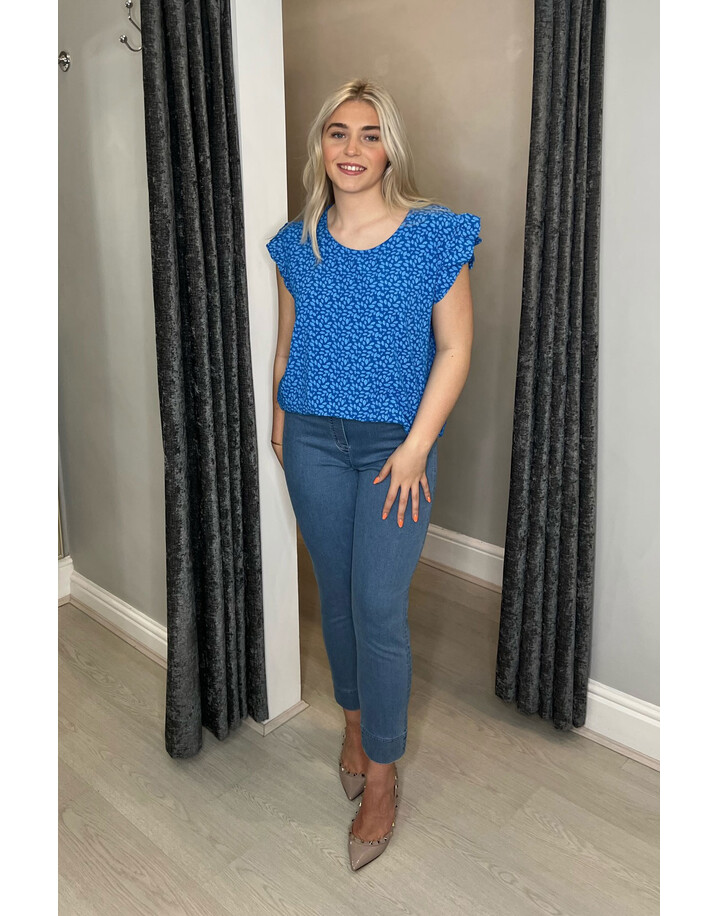 Lucy Cobb Leaf Print Frill Sleeve Top - Royal