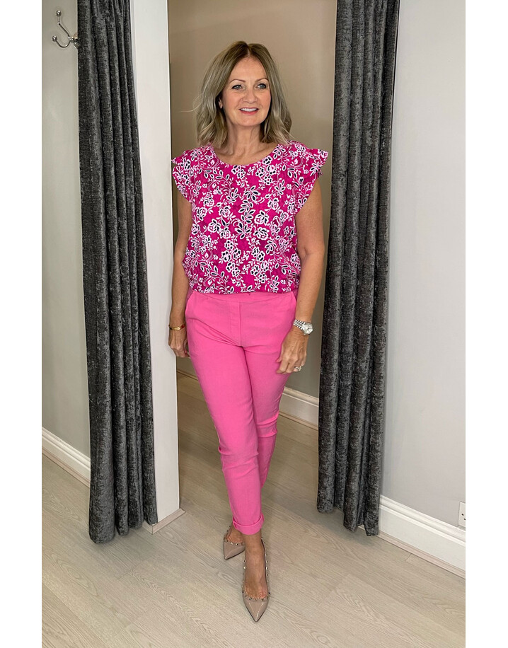 Lucy Cobb Floral Print Frill Sleeve Top  - Fuchsia