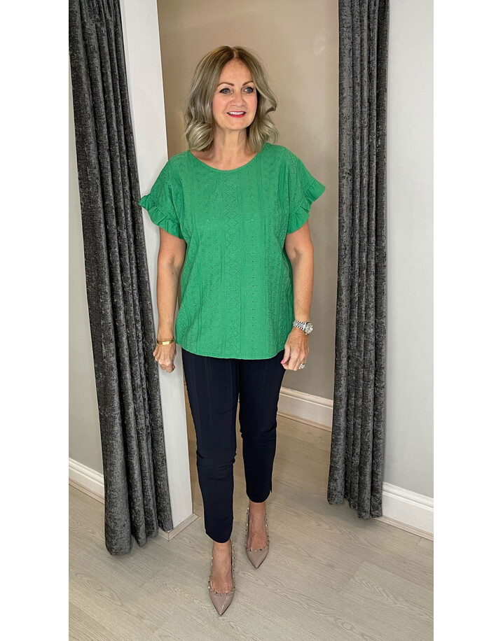 Lucy Cobb Bella Broderie Frill T-shirt  - Emerald