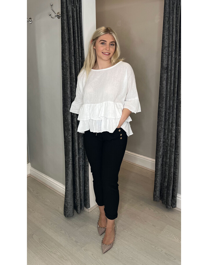 Lucy Cobb London Linen Frill Top  - White