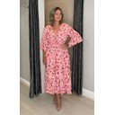 Palermo Abstract Shirred Midi Dress  - Coral