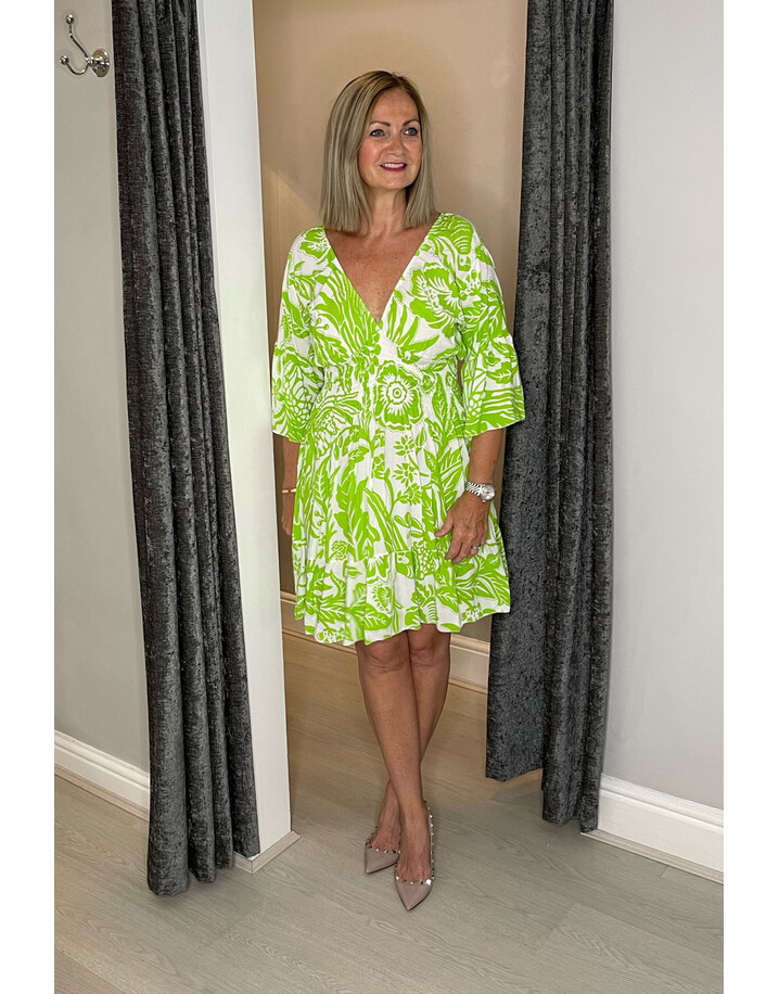 Lucy Cobb Palermo Abstract Floral Shirred Short Dress - Lime
