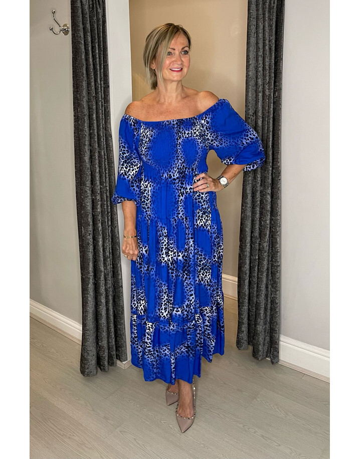 Lucy Cobb Menorca Leopard Shirred Midi Dress - Royal Mix