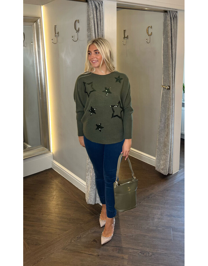 Lucy Cobb Sallie Sequin Star Jumper  - Khaki