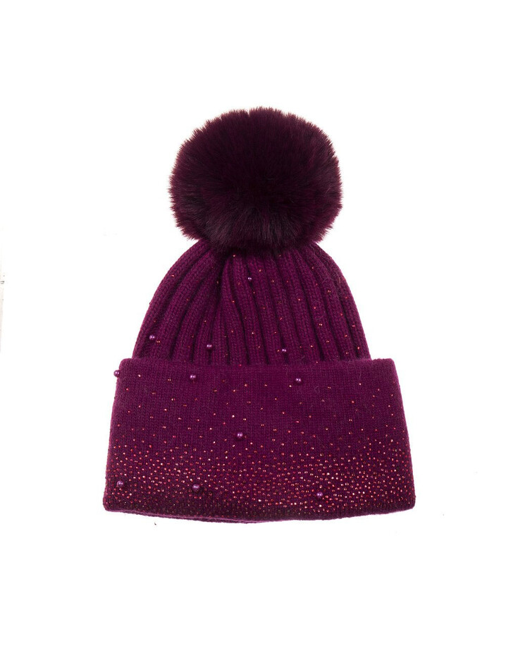 Park Lane Delia Diamante Pearl Bobble Hat - Plum